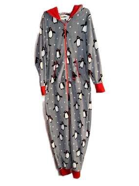 Tipsy Elves Snowy Penguin Fleece Hooded One Piece Onesie Pajamas Size L